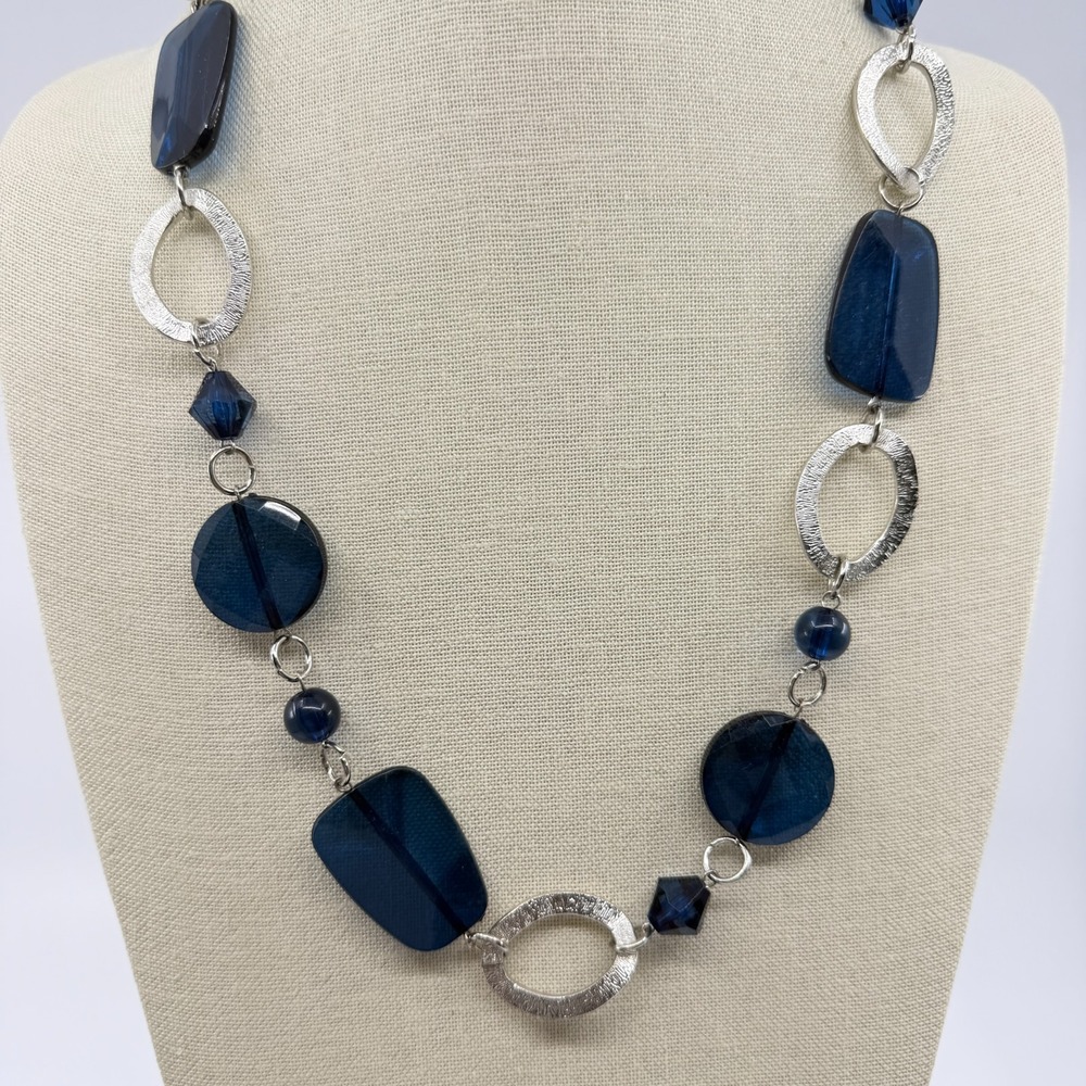 Y2K Navy Blue Statement Necklace Silver Tone Textured Links Boho Chic Layering